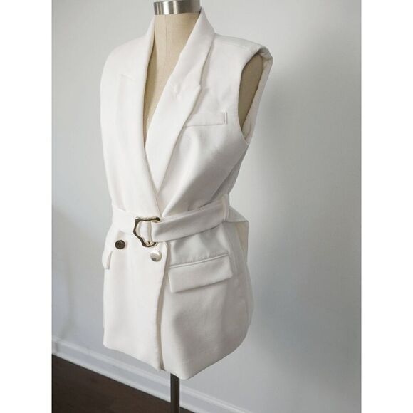 T Tahari Women's White Belted Sleeveless Blazer 6 - Picture 3 of 12